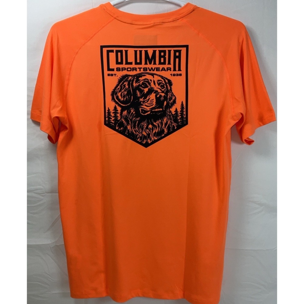 NWT Men Columbia Dri-Fit Bound Man's Best Friend‎ Dog Graphic Shirt Orange Large